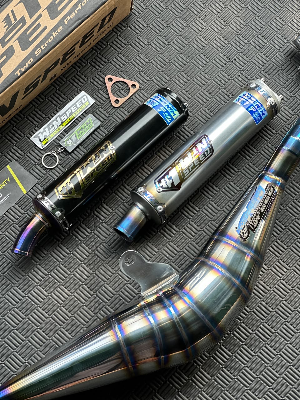Fullsystem Silencer Alumunium Black Coating Logo Gold & Stainlees Half Blue , Exhaust Chamber Stainless Half Blue BM POWER Side Model , YAMAHA F1ZR, F1Z, FORCE ONE - Image 2