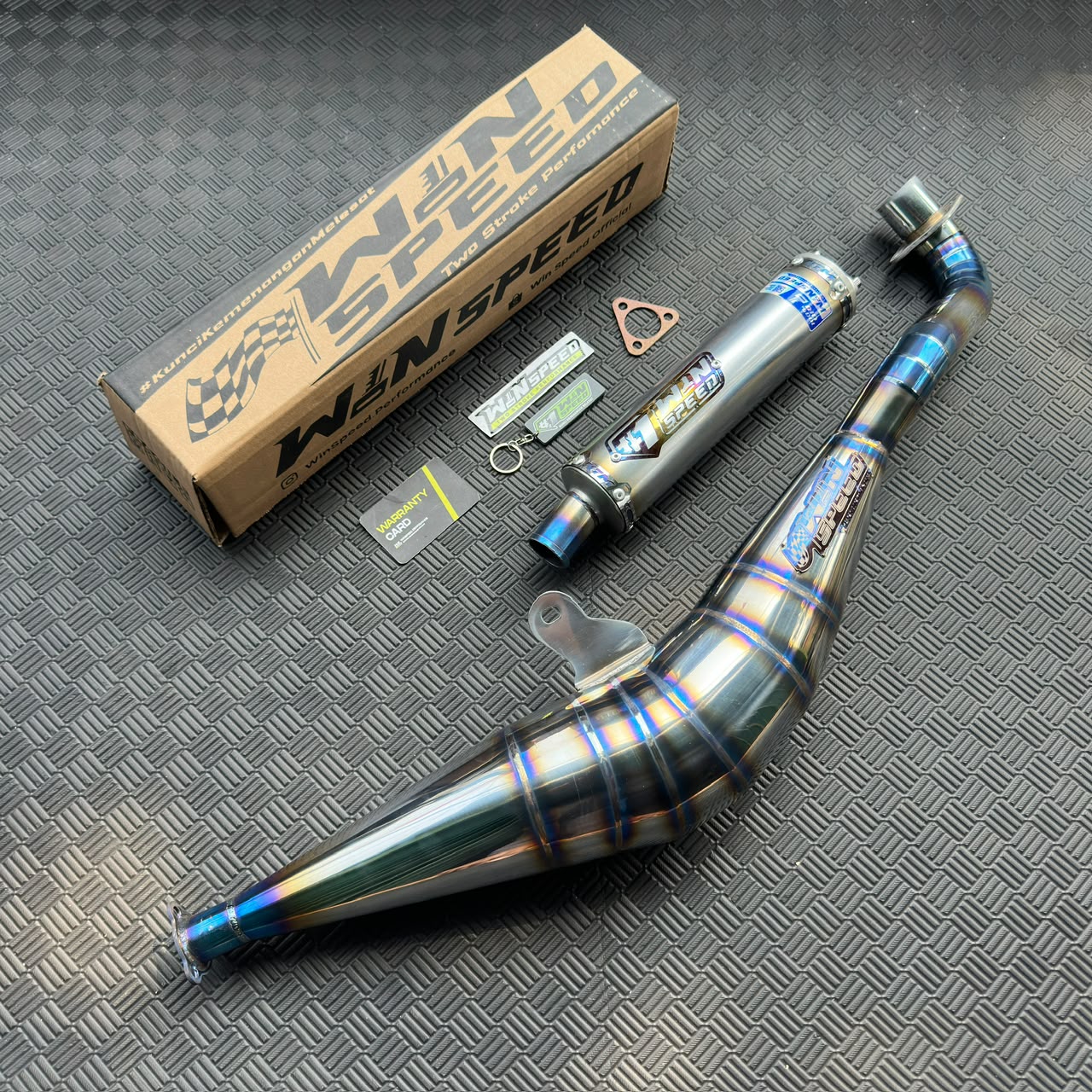 Fullsystem Silencer Alumunium Black Coating Logo Gold & Stainlees Half Blue , Exhaust Chamber Stainless Half Blue BM POWER Side Model , YAMAHA F1ZR, F1Z, FORCE ONE - Image 4