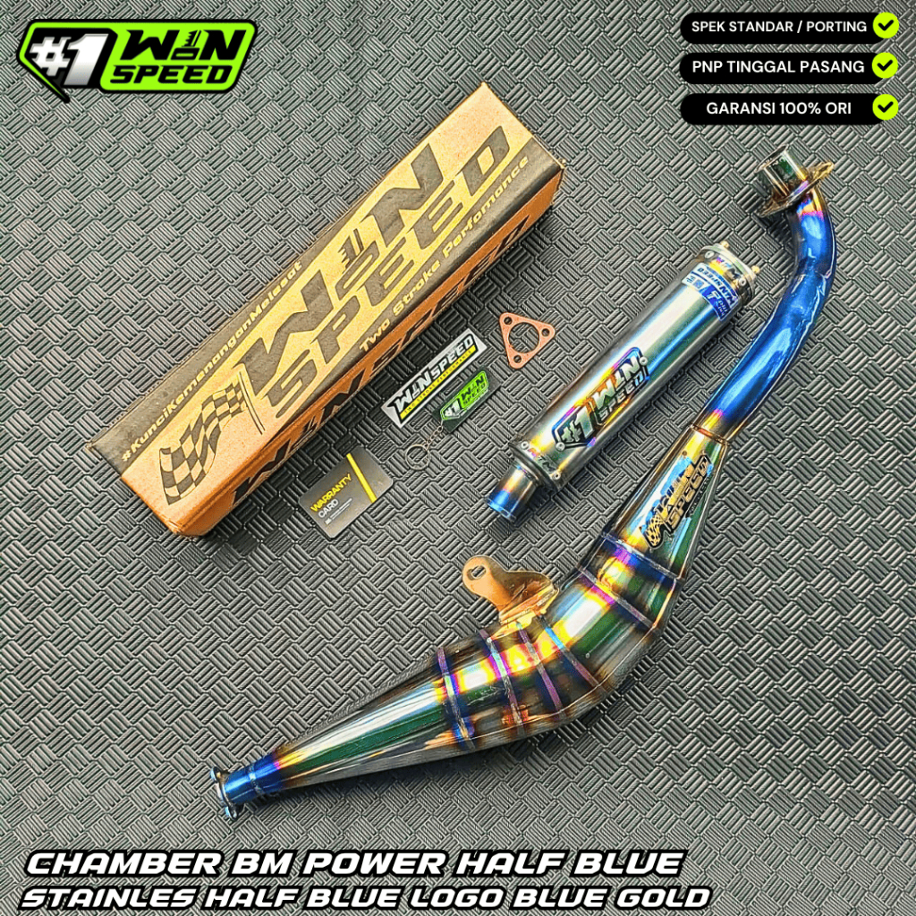 Fullsystem Silencer Stainlees Half Blue Logo Blue Gold , Exhaust Chamber Stainless Half Blue BM POWER Side Model , YAMAHA F1ZR, F1Z, FORCE ONE
