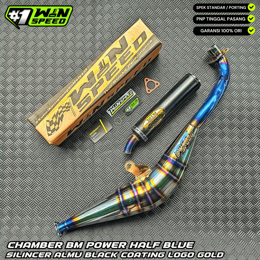 Fullsystem Silencer Alumunium Black Coating Logo Gold , Exhaust Chamber Stainless Half Blue BM POWER Side Model , YAMAHA F1ZR, F1Z, FORCE ONE
