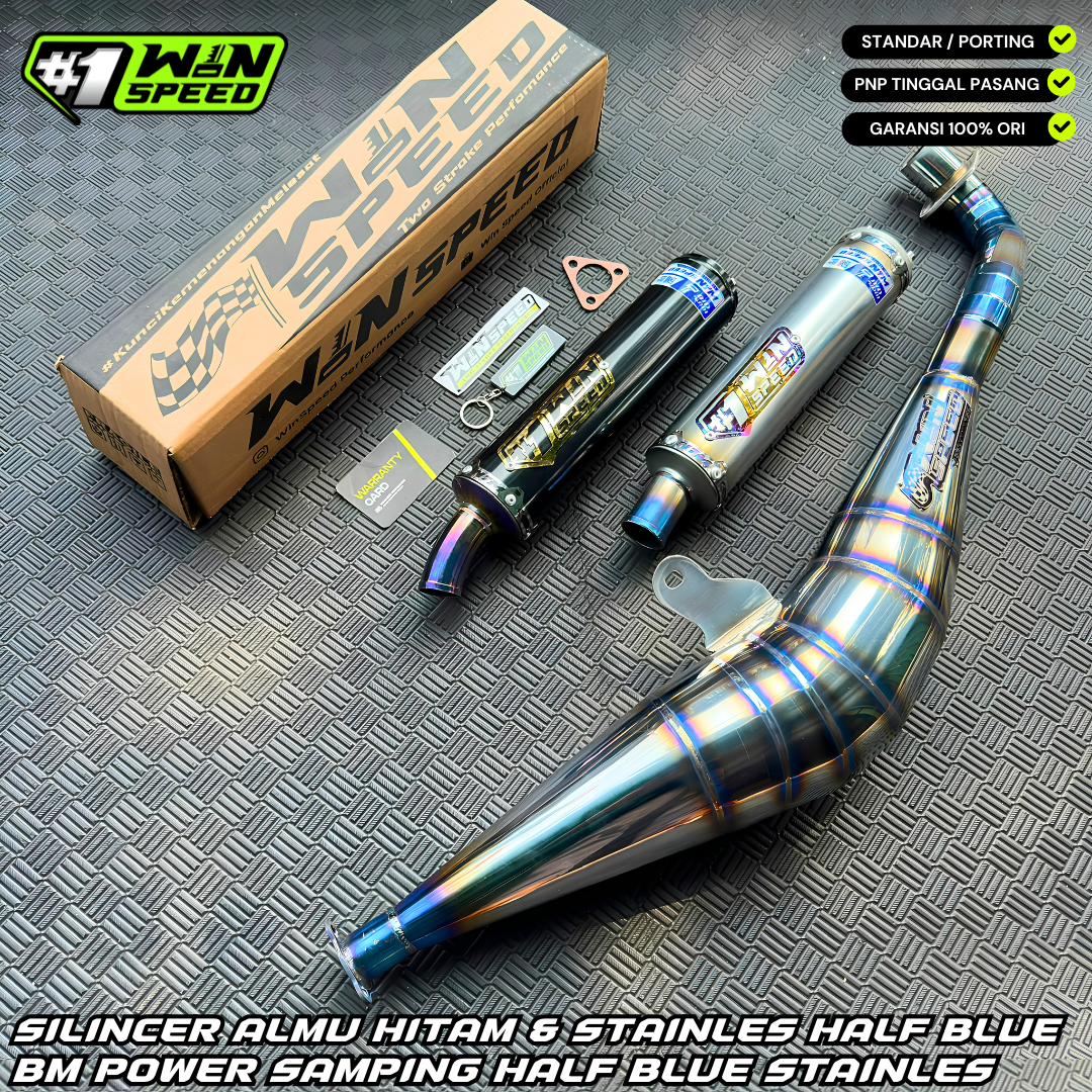 Fullsystem Silencer Alumunium Black Coating Logo Gold & Stainlees Half Blue , Exhaust Chamber Stainless Half Blue BM POWER Side Model , YAMAHA F1ZR, F1Z, FORCE ONE