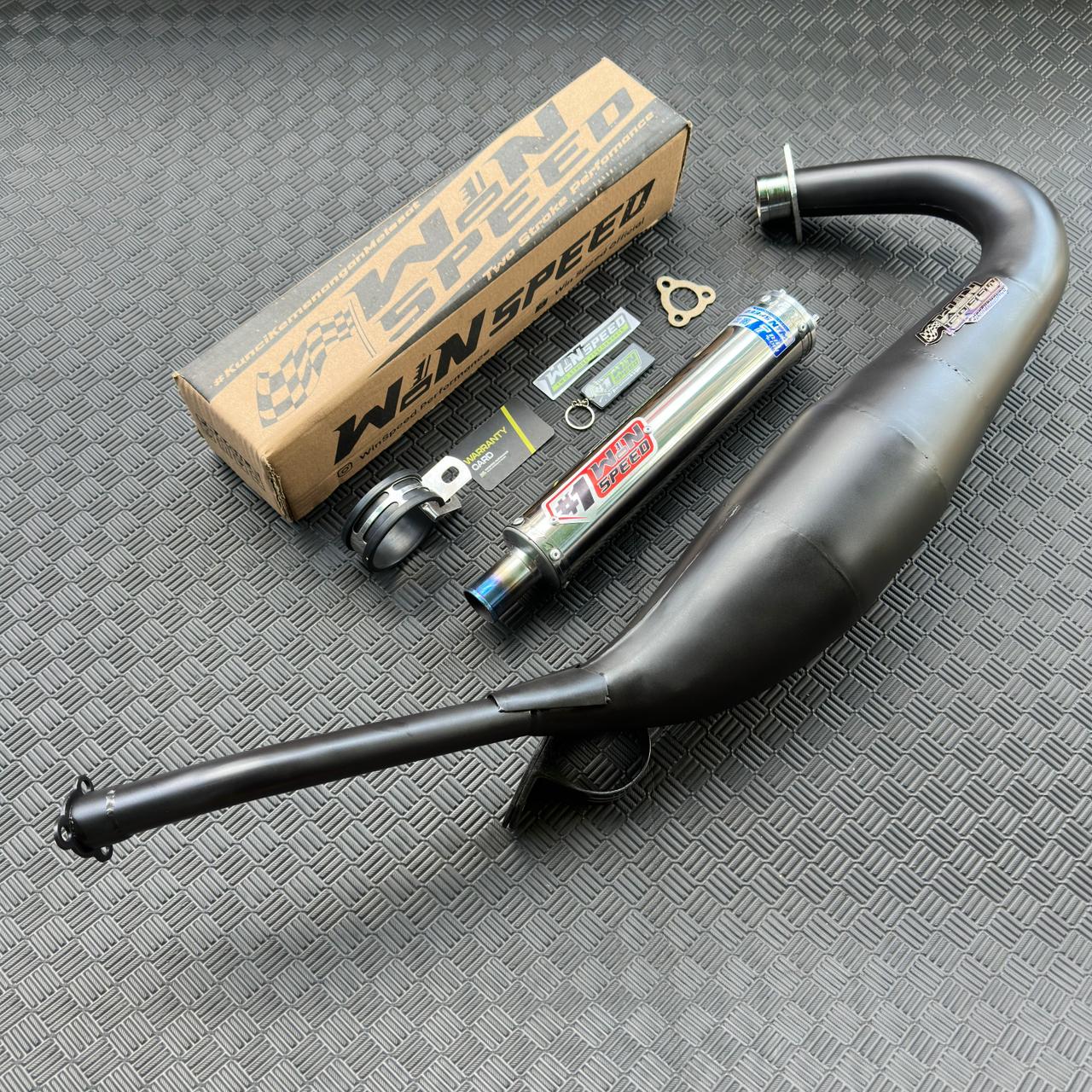 Fullsystem Silencers Stainlees Polished Logo Red Muzzle Straight, Exhaust Chamber Step Standar, Clearcoated Mild Steel Black Coating, KR150, KRR150, KRR150ZX, Serpico