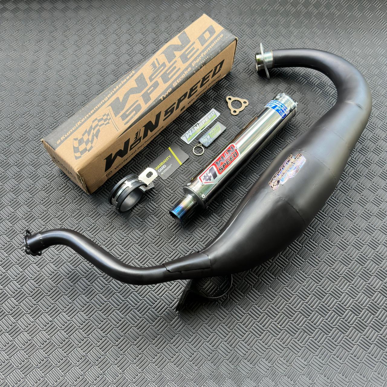 Fullsystem Silencers Stainless Polished Emblem Red Muzzle Straight , Exhaust Chamber Super Cobra, Clearcoated Mild Steel Black Coating, KR150, KRR150, KRR150ZX, Serpico
