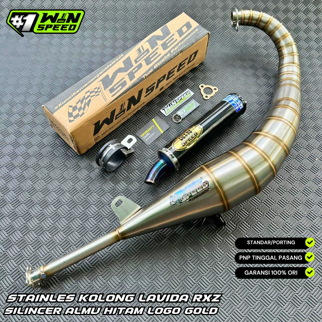 Fullsystem Silencer Almu Black Coating Logo Gold , Exhaust Chamber Stainless Model Lavida , YAMAHA RXZ | RZR