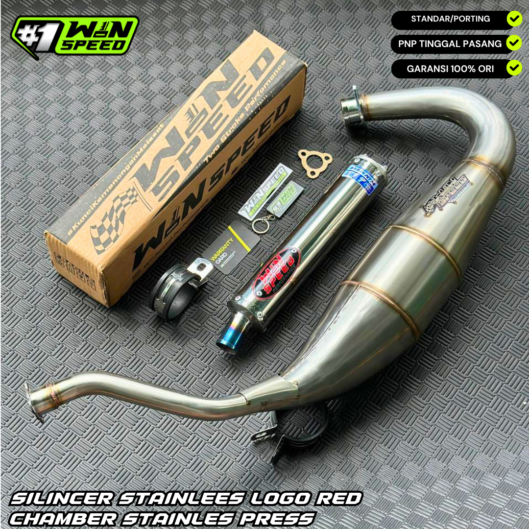 Fullsystem Silencers Stainless Emblem Red , Exhaust Chamber Cobra Medium, Stainless Press , KR150, KRR150, KRR150ZX, Serpico