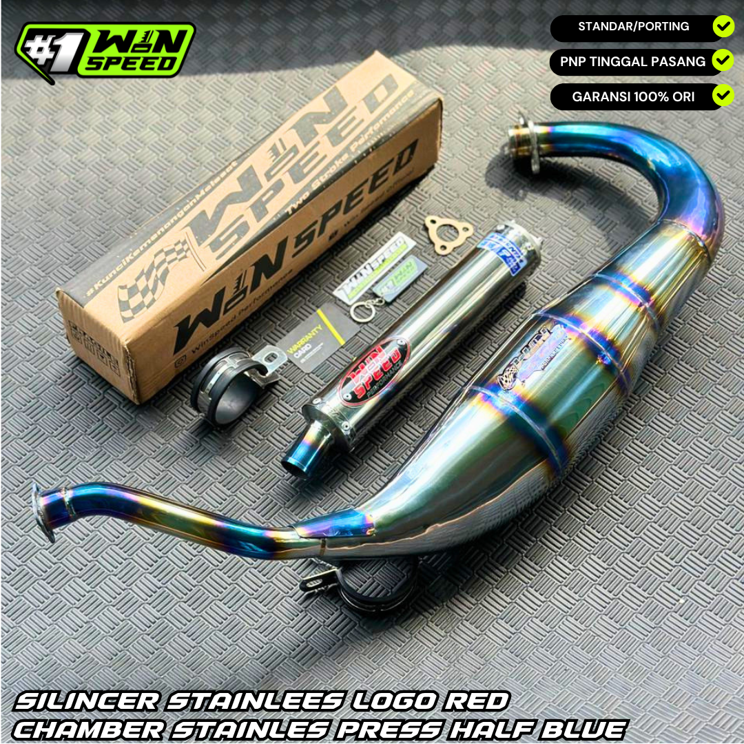 Fullsystem Silencers Stainlees Polished Logo Red Muzzle Half Blue, Exhaust Chamber Standar/Cobra/Super Cobra, Stainless Press Half Blue , KR150, KRR150, KRR150ZX, Serpico