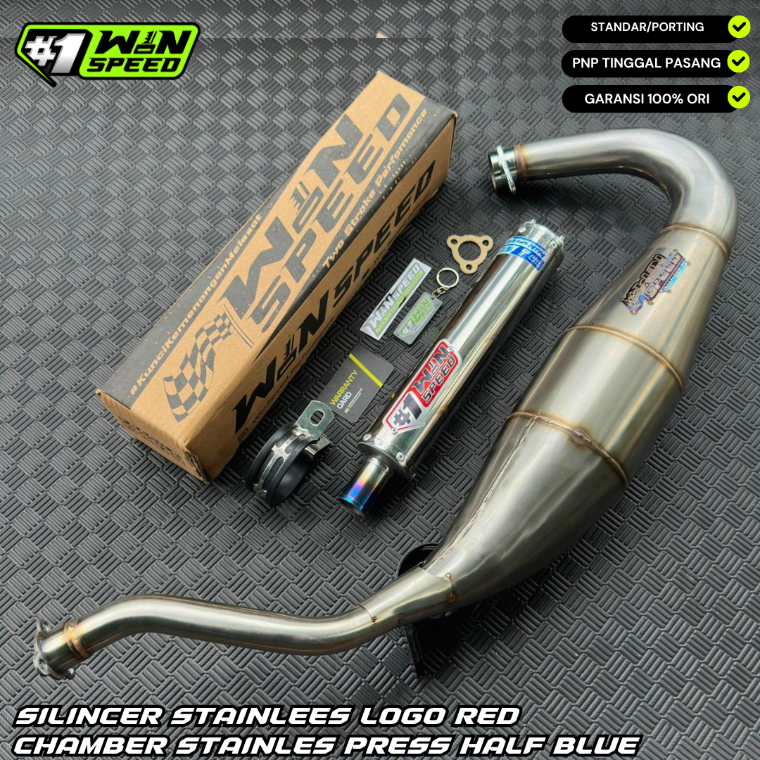 Fullsystem Silencers Stainless Emblem Red Muzzle Straight Half Blue , Exhaust Chamber Cobra Medium, Stainless Press , KR150, KRR150, KRR150ZX, Serpico