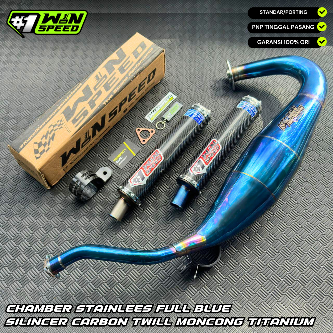 Fullsystem Silencers Carbon Twill Muzzle Titanium, Exhaust Chamber Standar/Cobra/Super Cobra, Stainless Press Full Blue , KR150, KRR150, KRR150ZX, Serpico