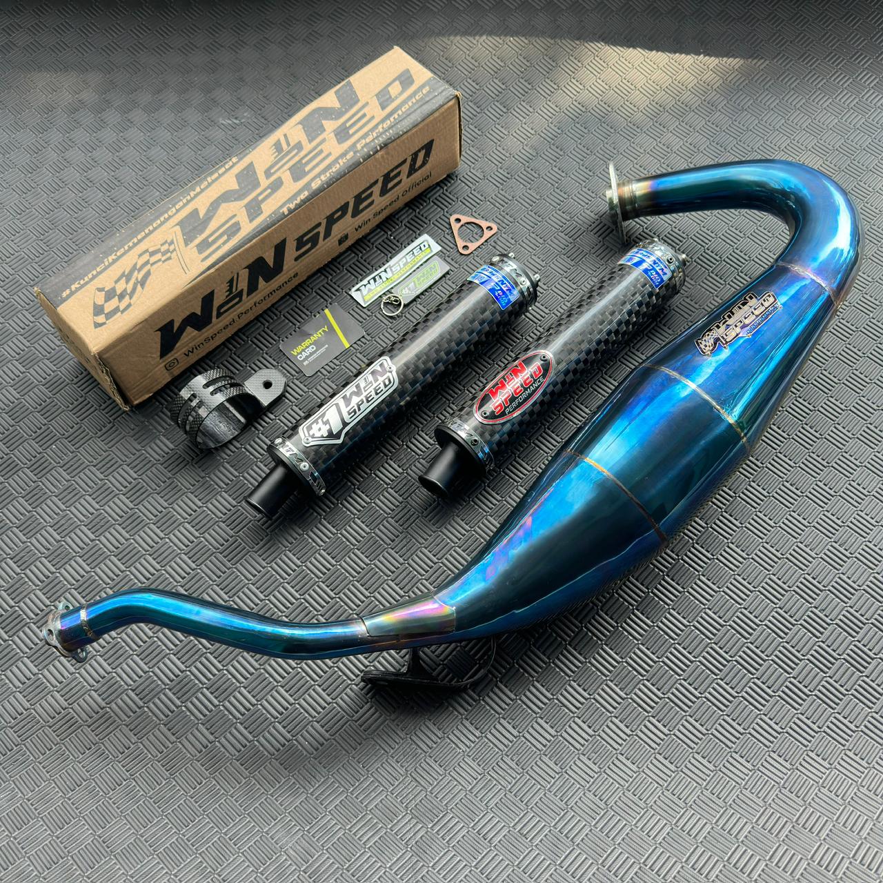 Fullsystem Silencers Carbon Chess Logo Red & Silver, Exhaust Chamber Standar/Cobra/Super Cobra, Stainless Press Full Blue , KR150, KRR150, KRR150ZX, Serpico - Image 2