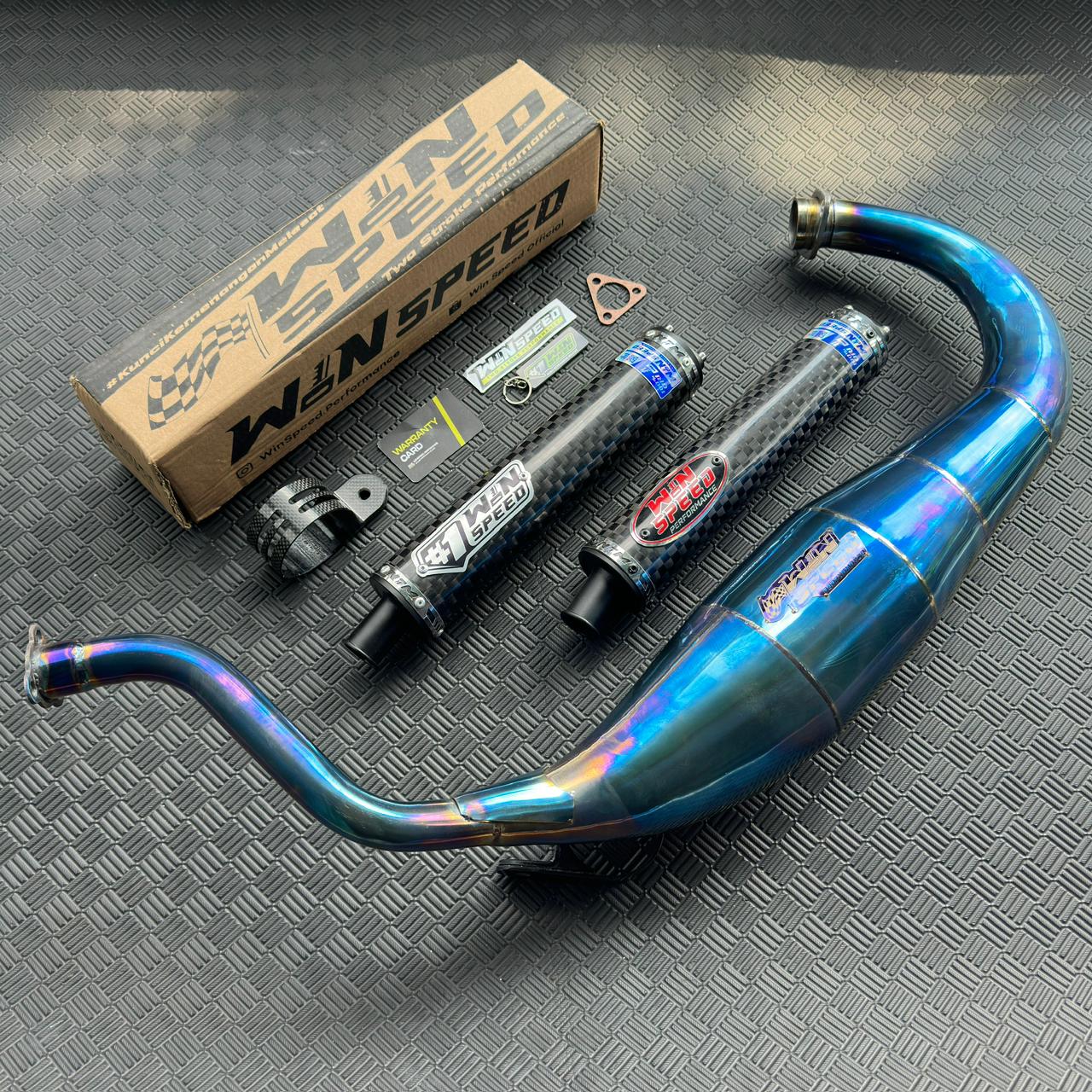 Fullsystem Silencers Carbon Chess Logo Red & Silver, Exhaust Chamber Standar/Cobra/Super Cobra, Stainless Press Full Blue , KR150, KRR150, KRR150ZX, Serpico - Image 3