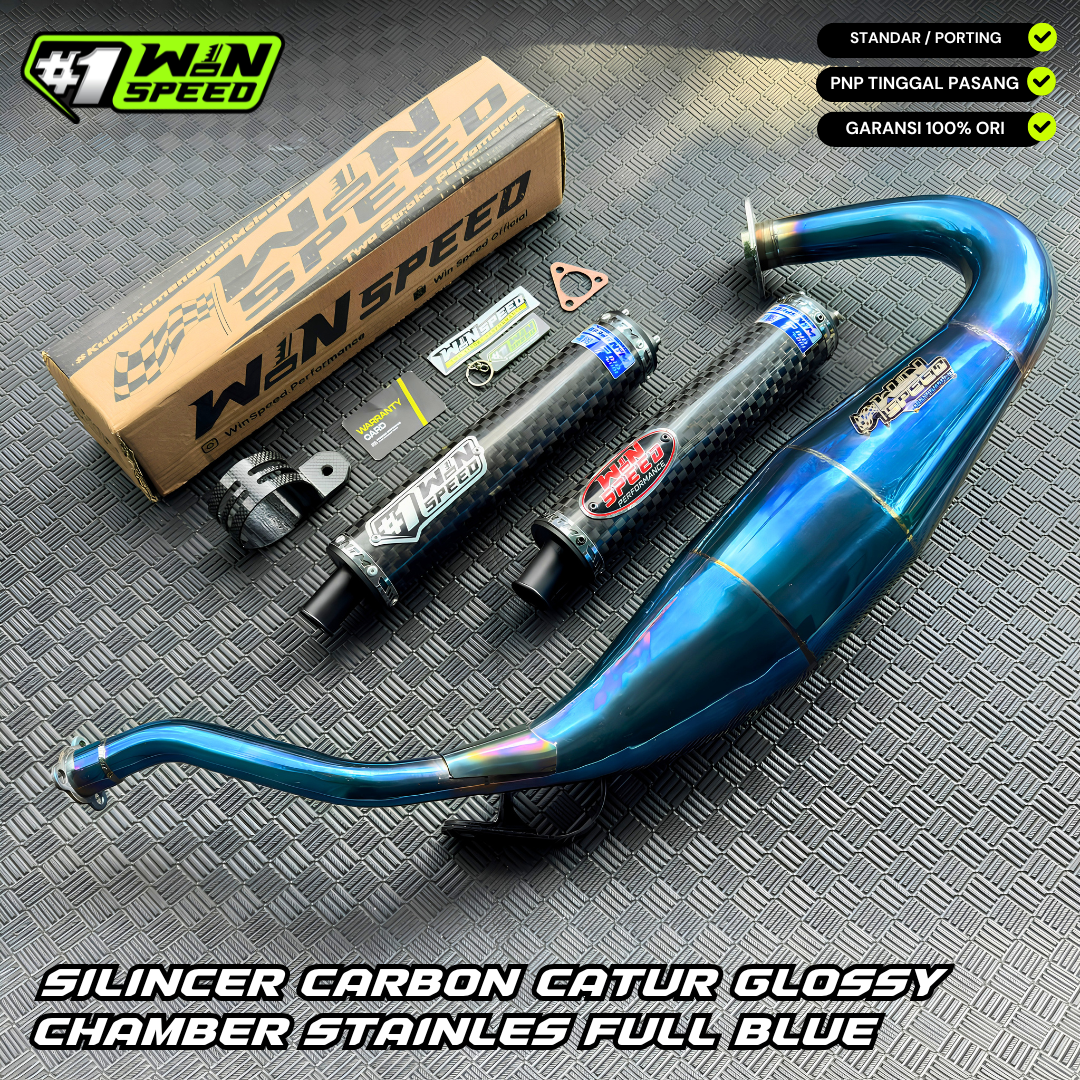 Fullsystem Silencers Carbon Chess Logo Red & Silver, Exhaust Chamber Standar/Cobra/Super Cobra, Stainless Press Full Blue , KR150, KRR150, KRR150ZX, Serpico