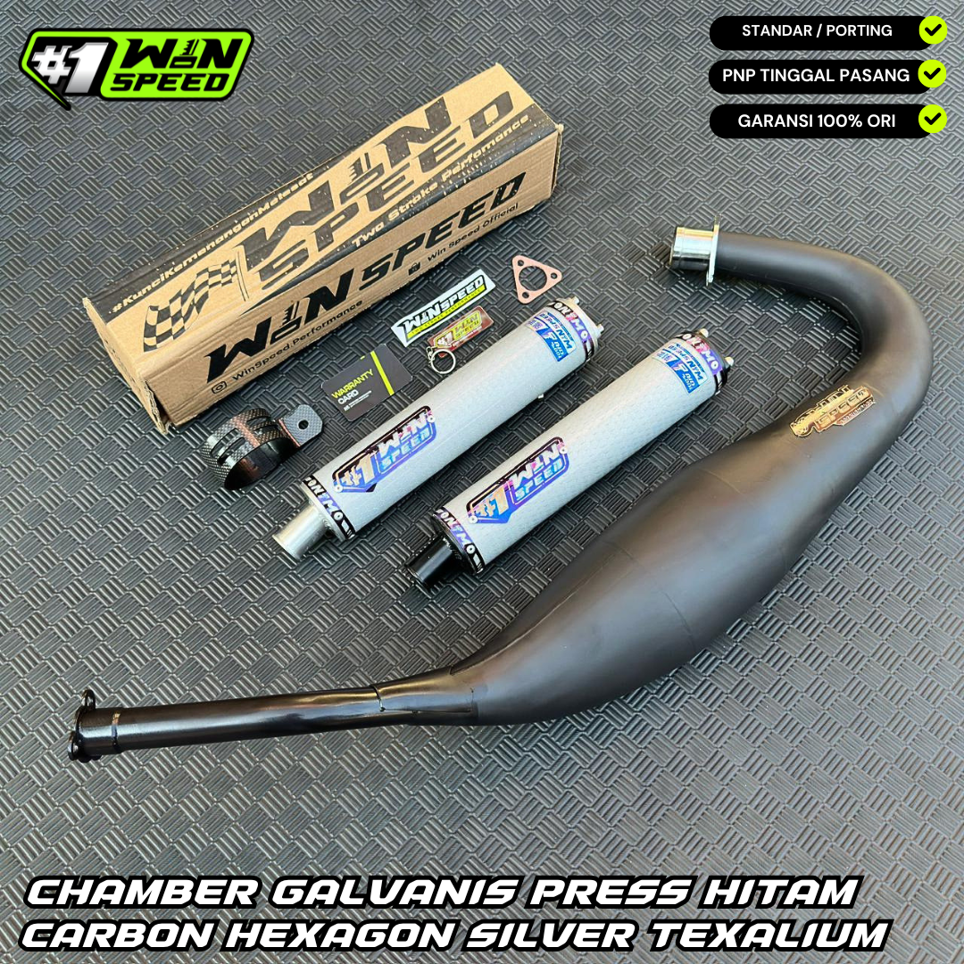 Fullsystem Silencers Carbon Hexagon Silver Texalium , Exhaust Chamber Step Standar, Clearcoated Mild Steel Black Coating, KR150, KRR150, KRR150ZX, Serpico