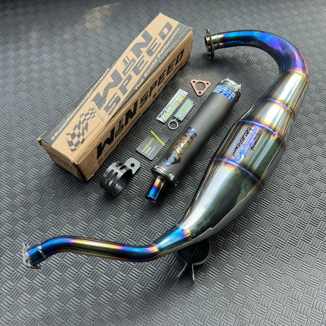 Fullsystem Silencers Carbon Plain Doff Tip Titanium, Exhaust Chamber Standar/Cobra/Super Cobra, Stainless Press Half Blue , KR150, KRR150, KRR150ZX, Serpico - Image 4