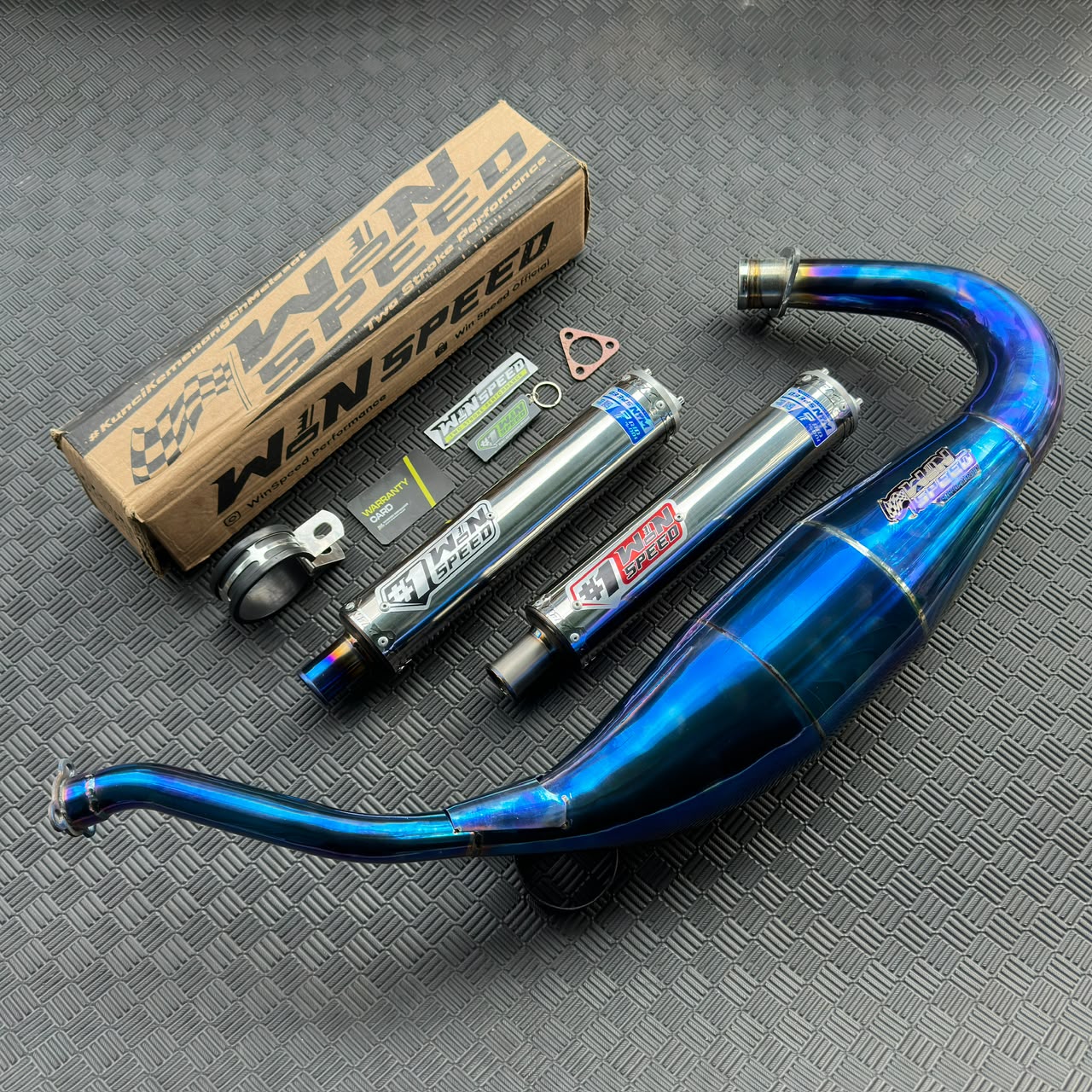 Fullsystem Silencers Stainless Logo Red & Silver Tip Titanium , Exhaust Chamber Standar/Cobra/Super Cobra, Stainless Press Full Blue , KR150, KRR150, KRR150ZX, Serpico - Image 3