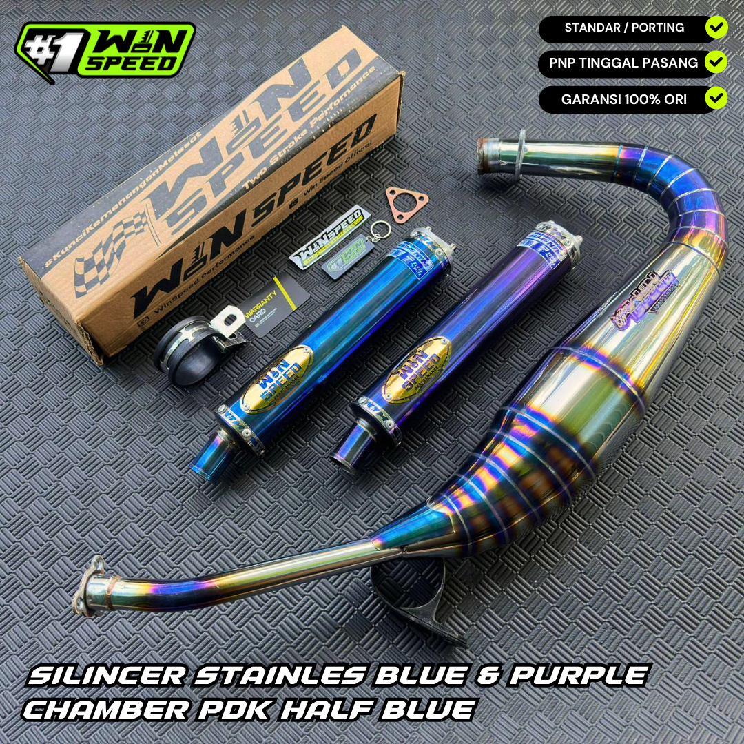Fullsystem Silencer Stainlees Blue & Purple , Exhaust Chamber Stainless Half Blue PDK undercarriage model , YAMAHA RX KING | RXS | RX SERIES