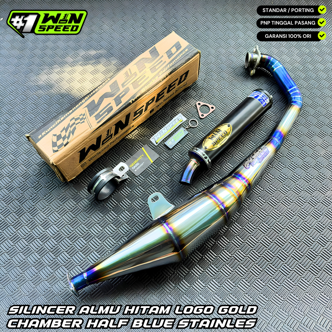 Fullsystem Silencer Aluminium Logo Stainless Gold, Exhaust Chamber Stainless undercarriage model Half Blue , YAMAHA 125z,125zr