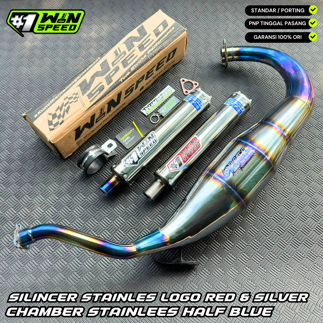 Fullsystem Silencers Stainlees Logo Red & Silver Tip Titanium, Exhaust Chamber Standar/Cobra/Super Cobra, Stainless Press Half Blue , KR150, KRR150, KRR150ZX, Serpico