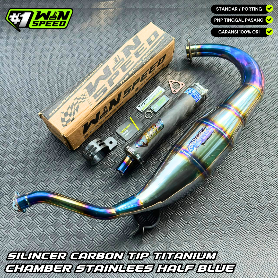 Fullsystem Silencers Carbon Plain Doff Tip Titanium, Exhaust Chamber Standar/Cobra/Super Cobra, Stainless Press Half Blue , KR150, KRR150, KRR150ZX, Serpico