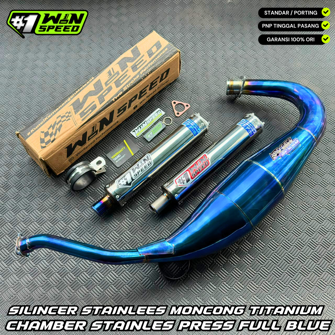 Fullsystem Silencers Stainless Logo Red & Silver Tip Titanium , Exhaust Chamber Standar/Cobra/Super Cobra, Stainless Press Full Blue , KR150, KRR150, KRR150ZX, Serpico