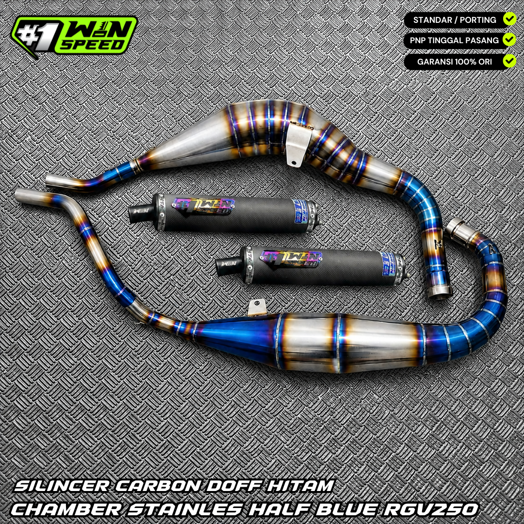 Fullsystem Silencers Carbon Plain Doff Black, Exhaust Chamber , Stainlees Half Blue , RGV 250