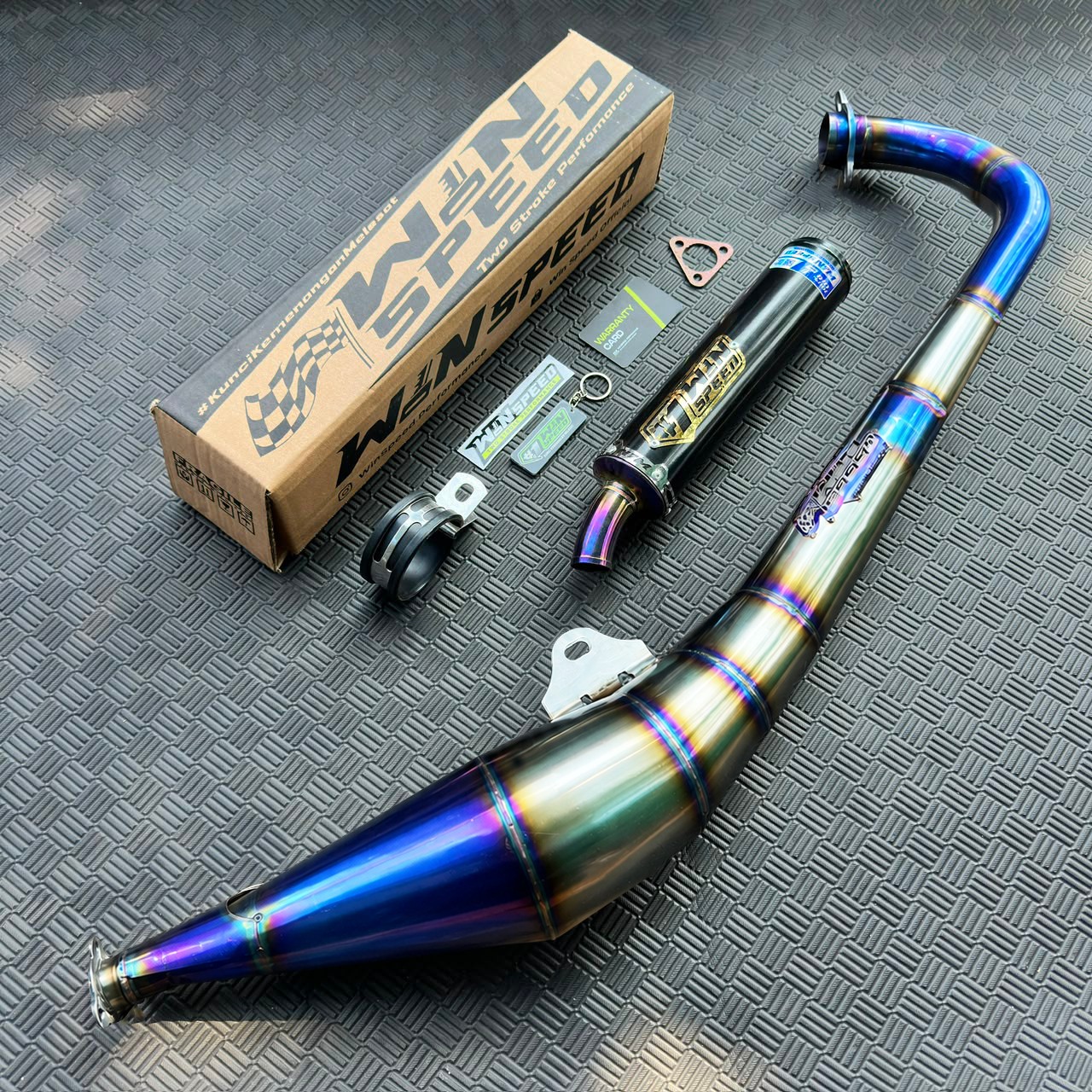 Fullsystem Silencer Almu Black Coating Logo Gold & Stainles Half Blue, Exhaust Chamber Side-exit "half-blue" style , YAMAHA RX KING | RXS | RXT - Image 3