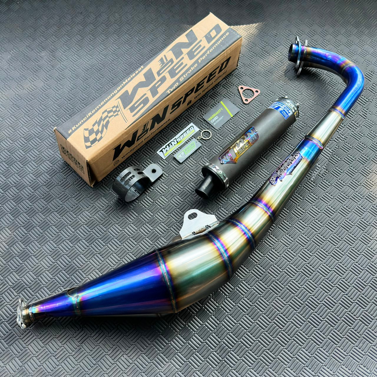 Fullsystem Silencer Carbon Plain Doff & Catur Glossy , Exhaust Chamber Stainless Side-exit "half-blue" style , YAMAHA RX KING | RXS | RX SERIES - Image 2