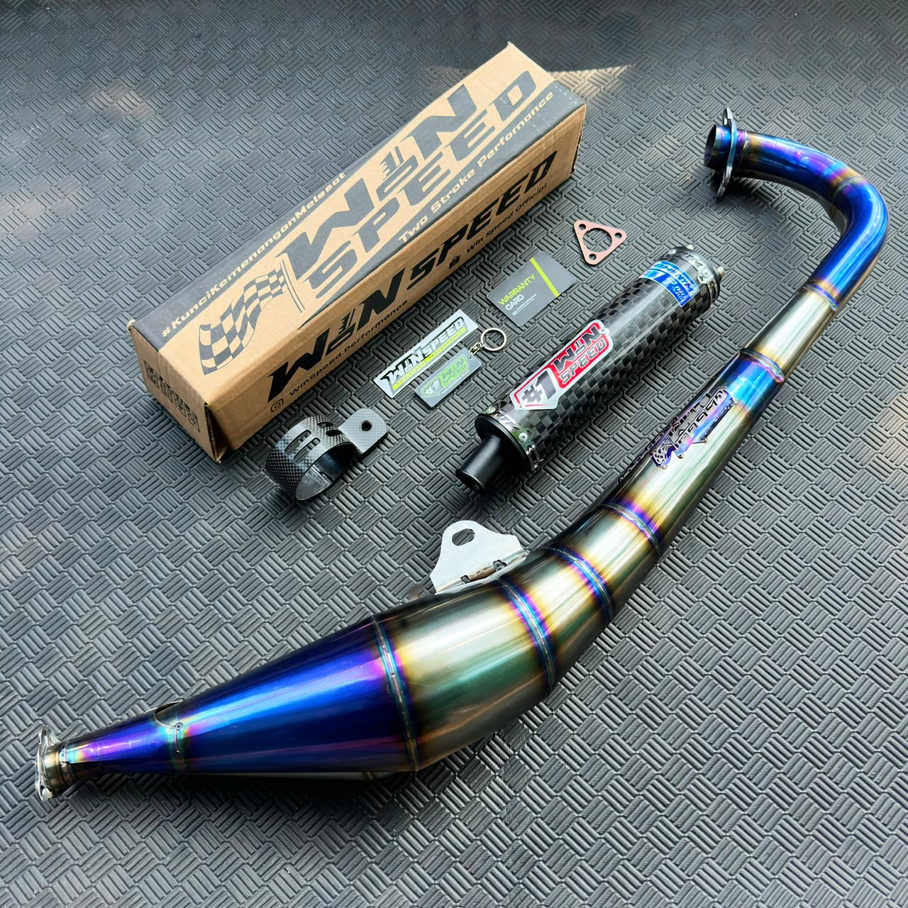 Fullsystem Silencer Carbon Plain Doff & Catur Glossy , Exhaust Chamber Stainless Side-exit "half-blue" style , YAMAHA RX KING | RXS | RX SERIES - Image 3