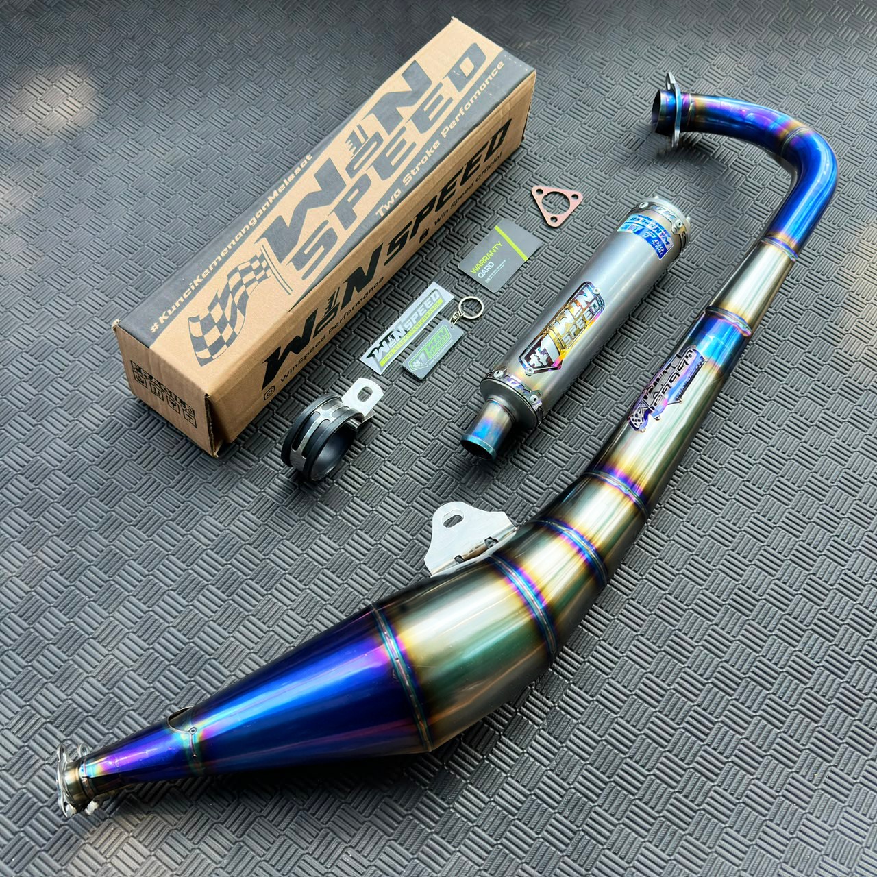 Fullsystem Silencer Almu Black Coating Logo Gold & Stainles Half Blue, Exhaust Chamber Side-exit "half-blue" style , YAMAHA RX KING | RXS | RXT - Image 2