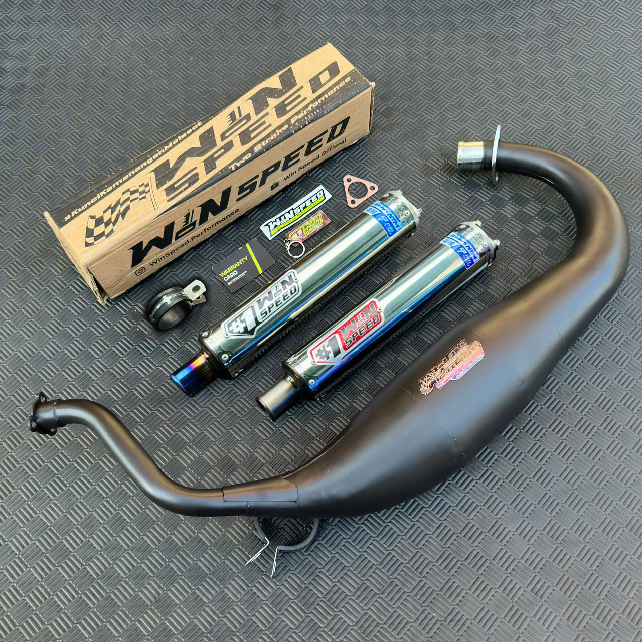 Fullsystem Silencers Stainless Polished Emblem Red & Silver Muzzle Straight Tip Titanium , Exhaust Chamber Super Cobra, Clearcoated Mild Steel Black Coating, KR150, KRR150, KRR150ZX, Serpico