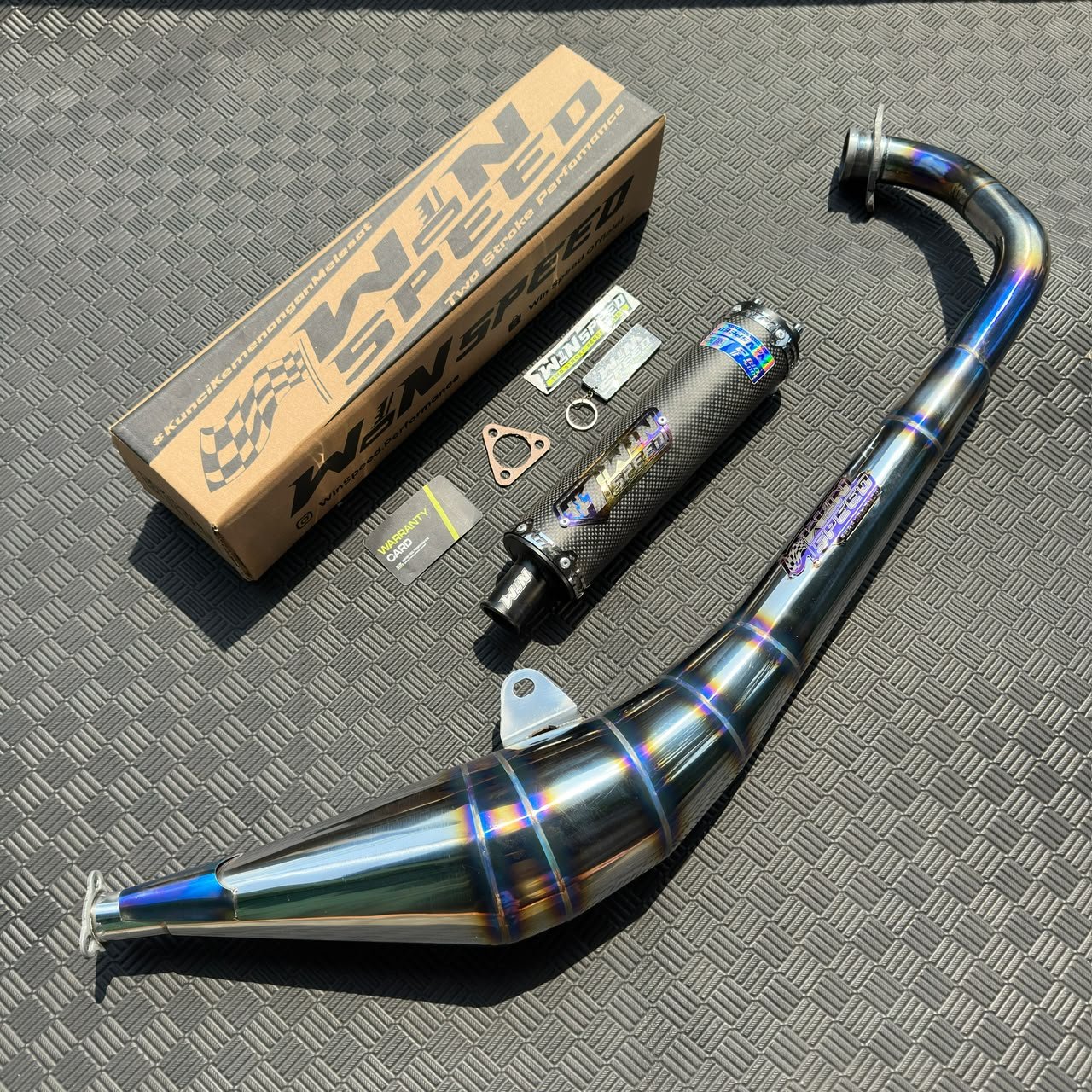 Fullsystem Silencer Carbon Plain Doff & Catur Glossy , Exhaust Chamber Stainless Side-exit "half-blue" style , YAMAHA RX KING | RXS | RX SERIES - Image 2