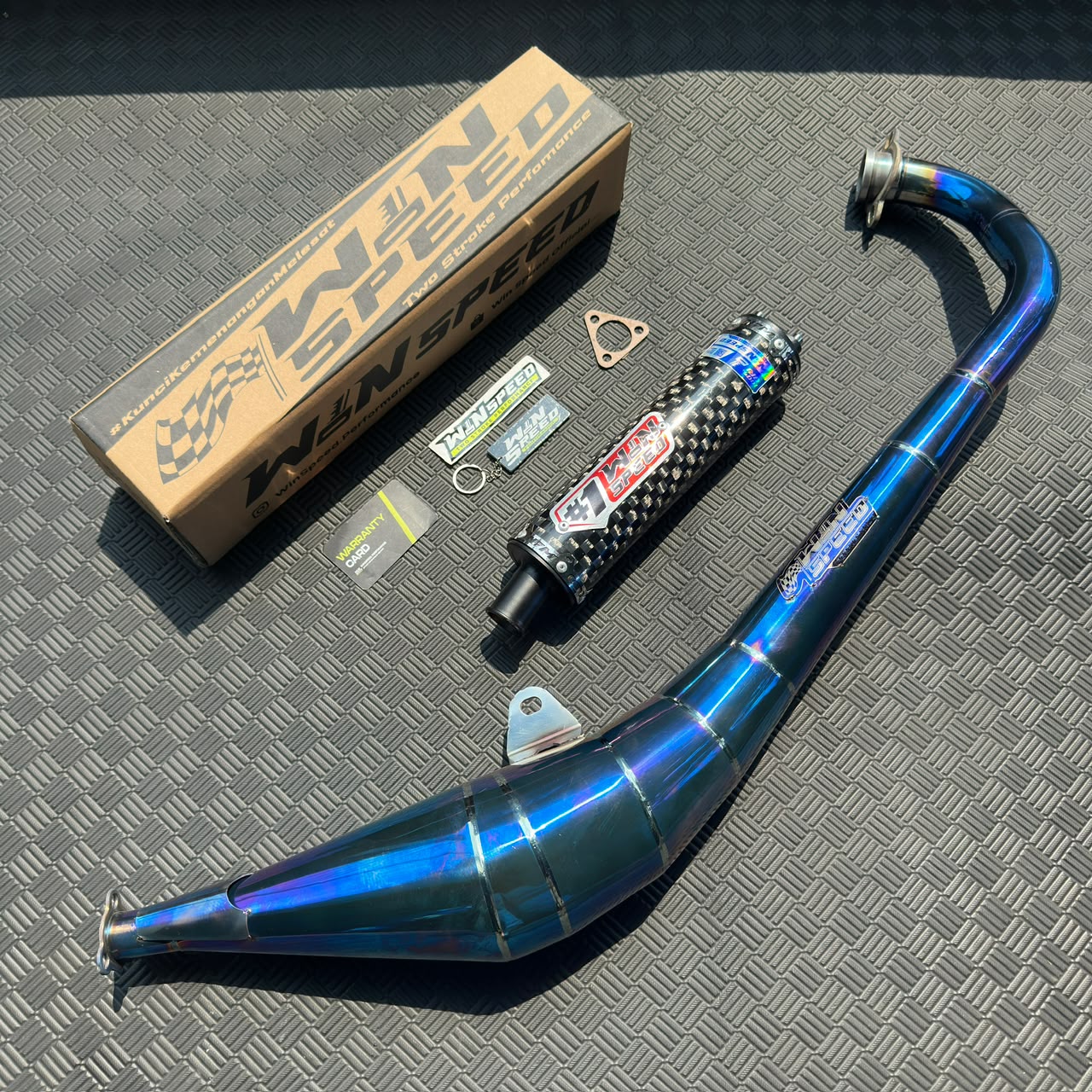 Fullsystem Silencer Carbon Plain Doff & Catur Glossy , Exhaust Chamber Stainless Side-exit "half-blue" style , YAMAHA RX KING | RXS | RX SERIES - Image 4