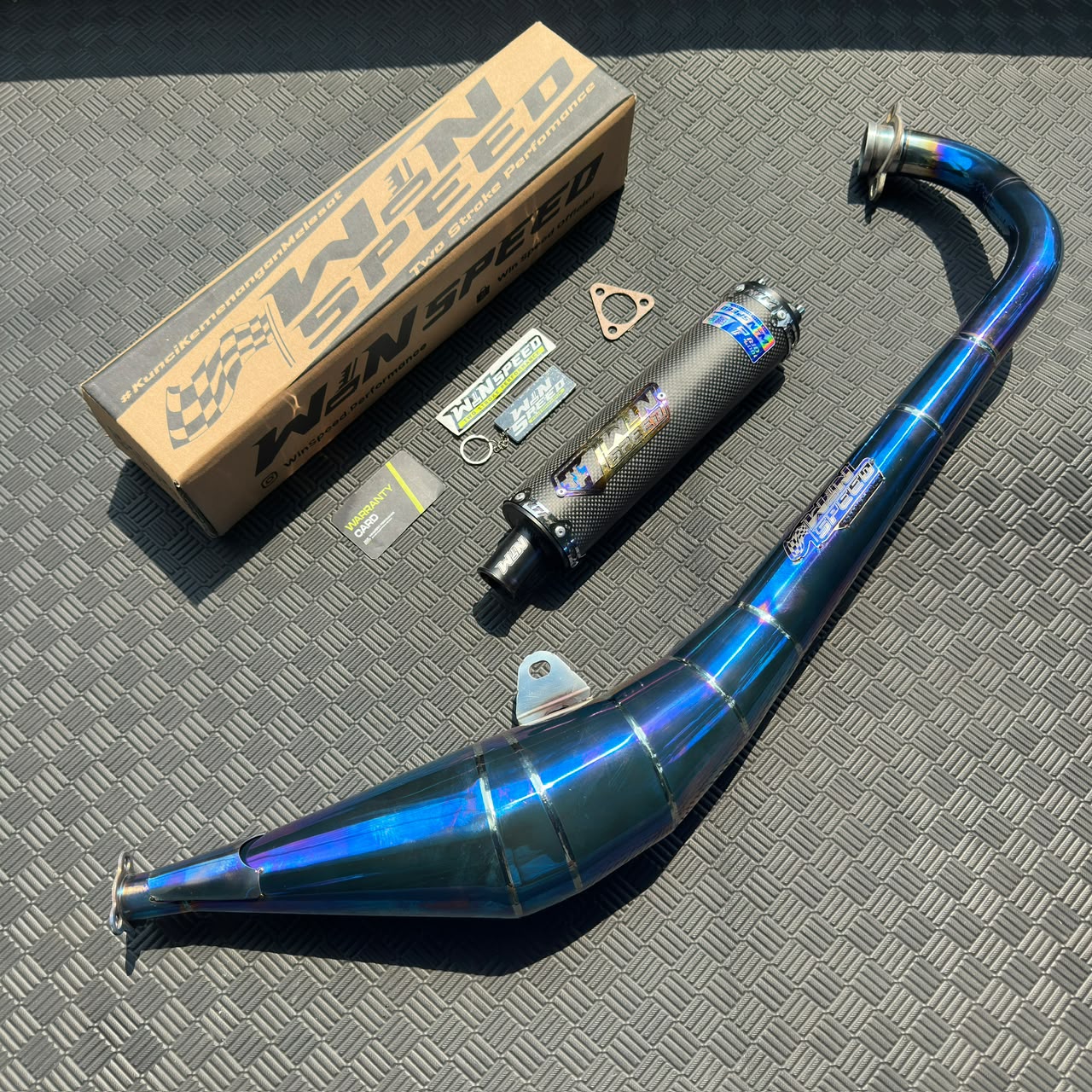 Fullsystem Silencer Carbon Plain Doff & Catur Glossy , Exhaust Chamber Stainless Side-exit "half-blue" style , YAMAHA RX KING | RXS | RX SERIES - Image 5