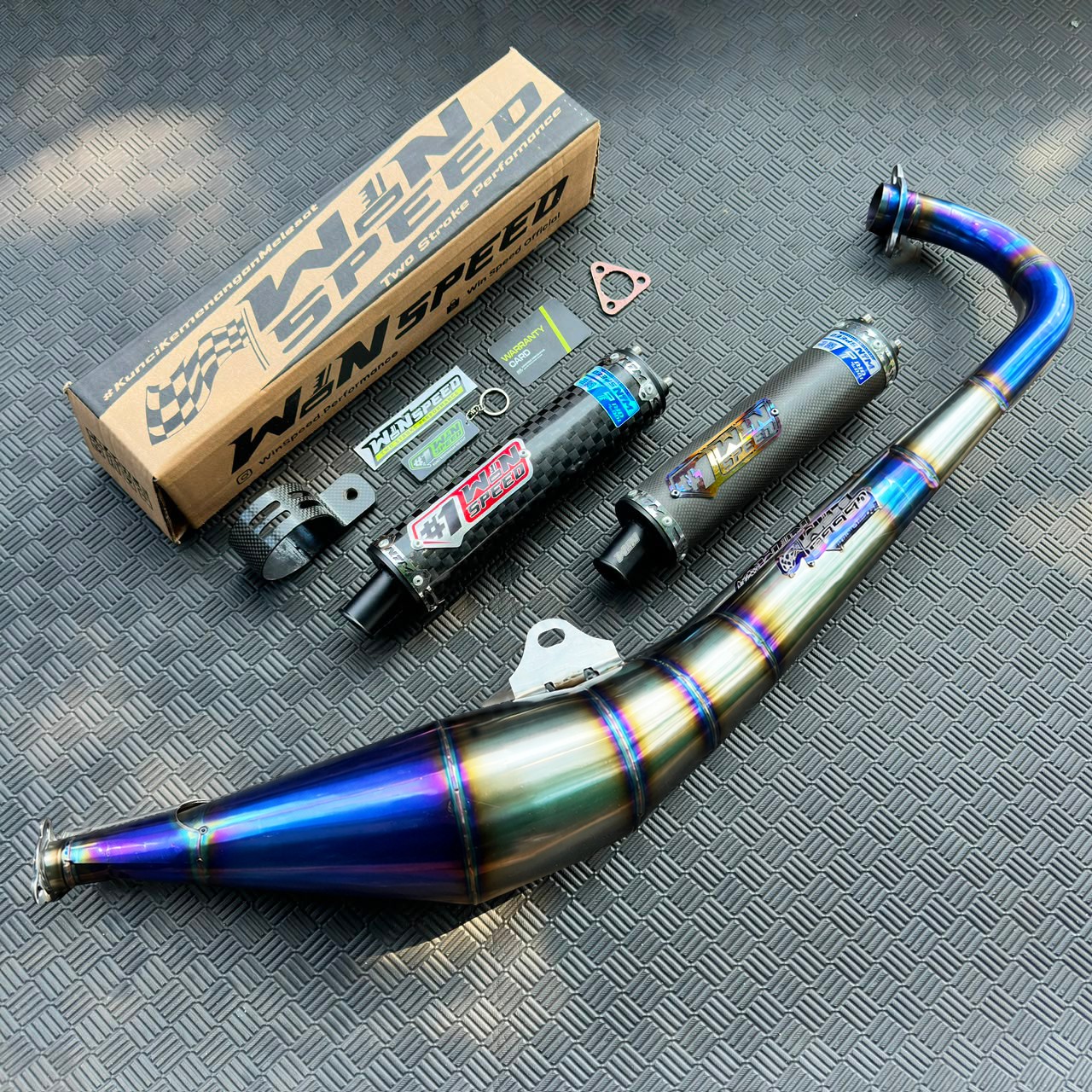 Fullsystem Silencer Carbon Plain Doff & Catur Glossy , Exhaust Chamber Stainless Side-exit "half-blue" style , YAMAHA RX KING | RXS | RX SERIES - Image 4