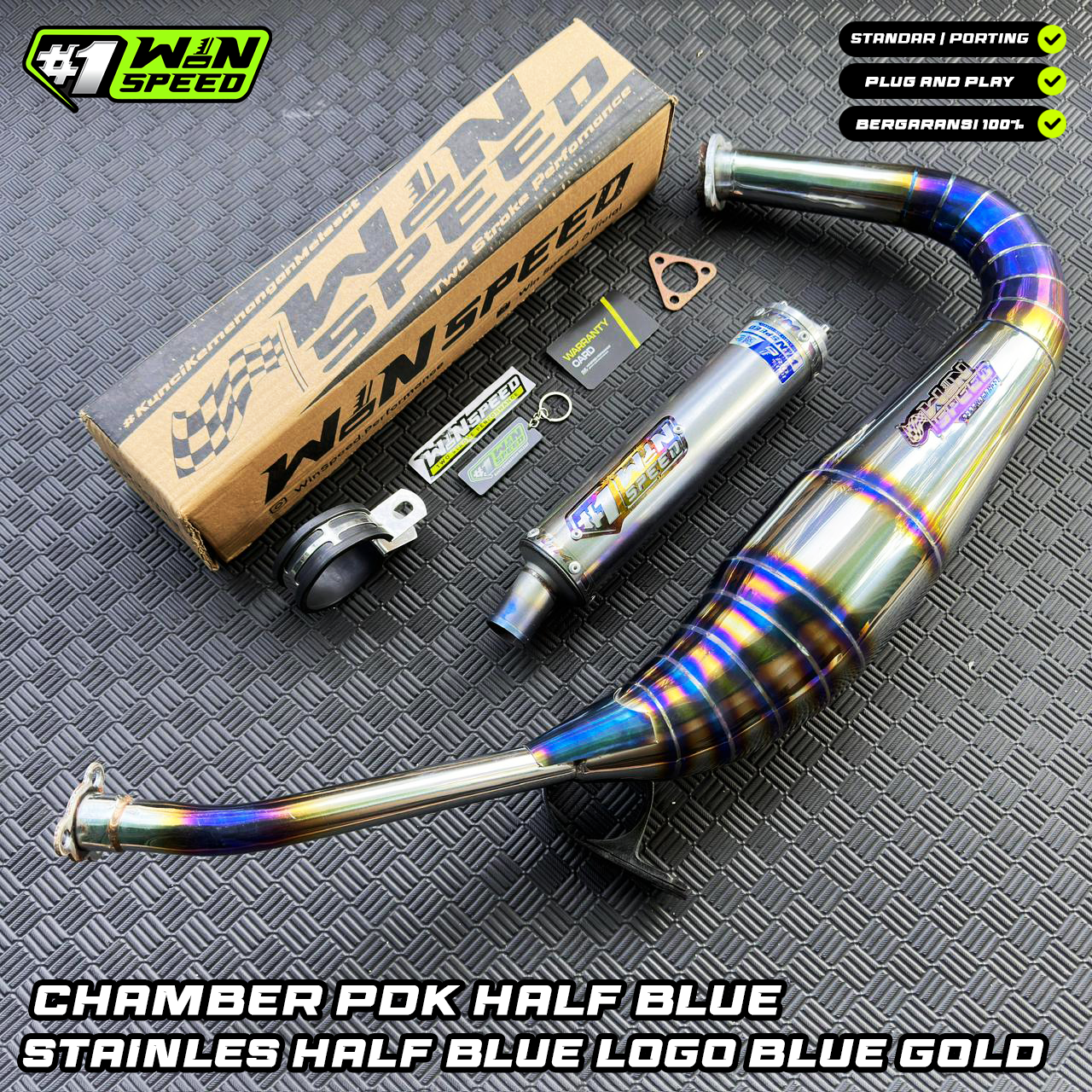 Fullsystem Silencer Stainlees Half Blue Logo Blue Gold , Exhaust Chamber Stainless Half Blue PDK undercarriage model , YAMAHA RX KING | RXS | RX SERIES
