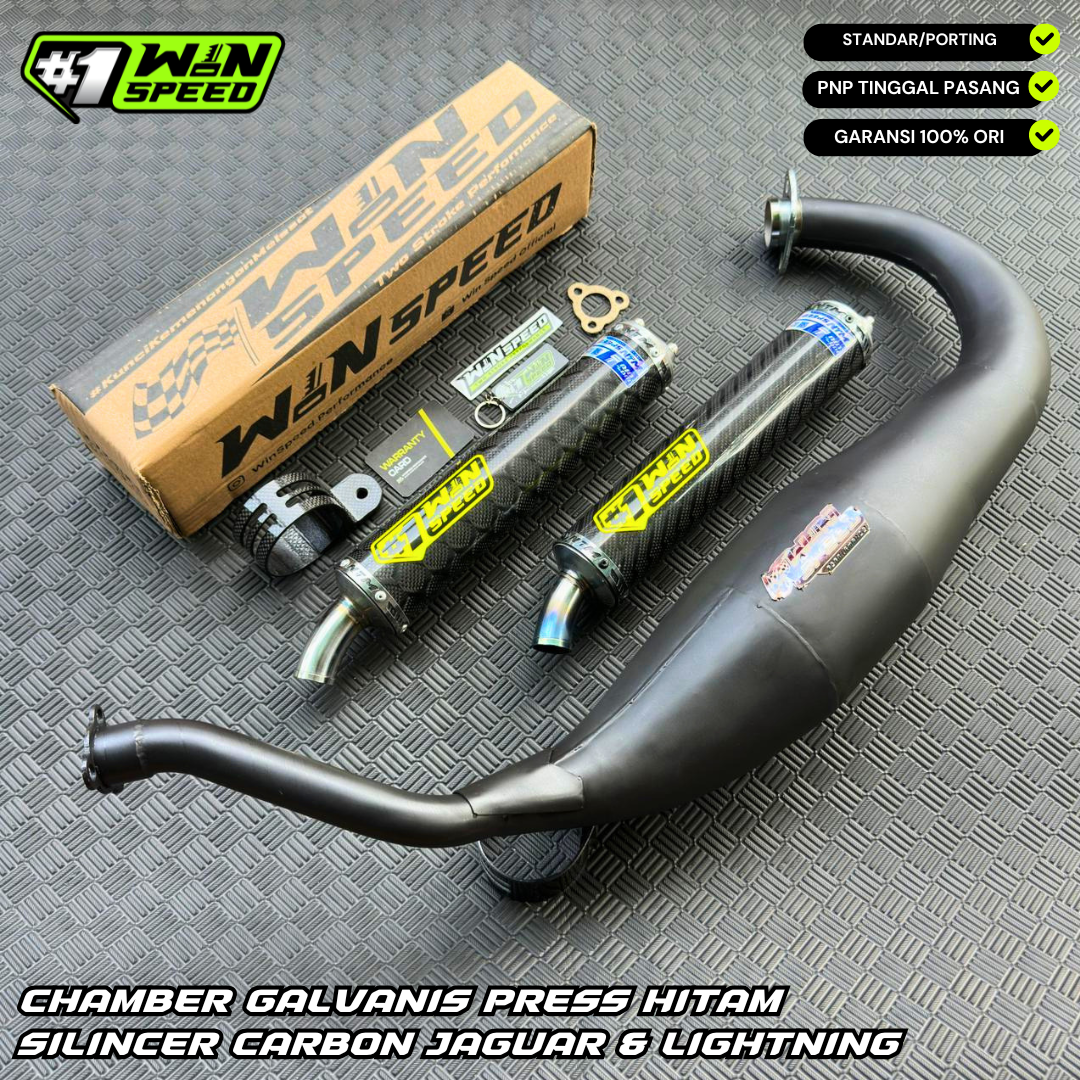 Fullsystem Silencers Carbon Jaguar & Lightning , Exhaust Chamber Cobra Medium, Clearcoated Mild Steel Black Coating , KR150, KRR150, KRR150ZX, Serpico