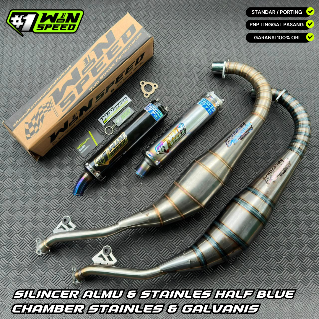 Fullsystem Silencers Almu Hitam Logo Gold & Stainlees Half Blue Logo Blue Gold , Exhaust Chamber Stainlees & Galvanized Cobra , SATRIA 2 STROKE