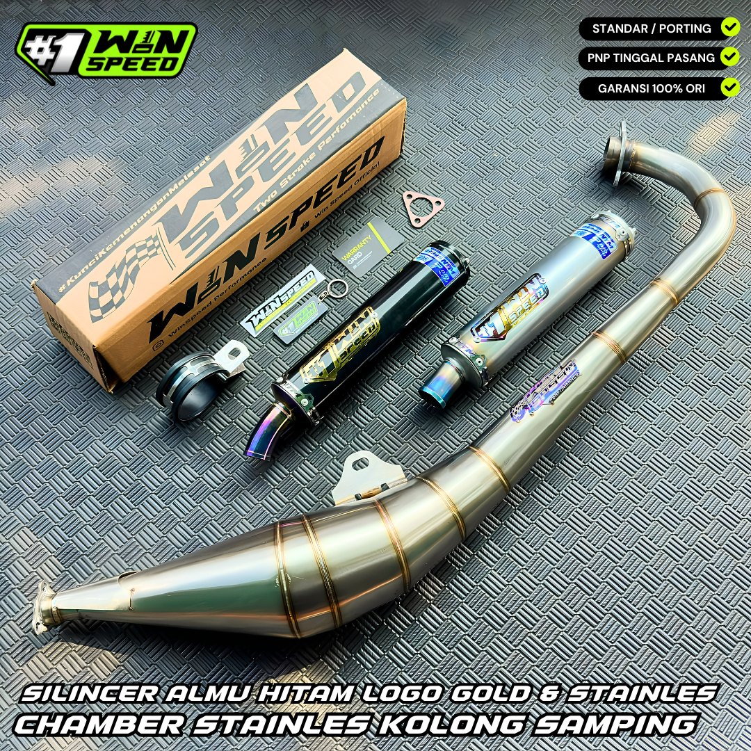 Fullsystem Silencer Aluminium Black Coating Logo Gold & Stainles Half Blue, Exhaust Chamber Stainless Side Body model , YAMAHA RX KING | RXS | RXT