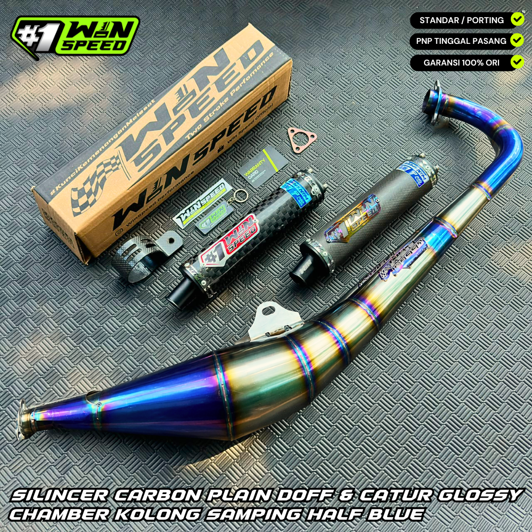 Fullsystem Silencer Carbon Plain Doff & Catur Glossy , Exhaust Chamber Stainless Side-exit "half-blue" style , YAMAHA RX KING | RXS | RX SERIES