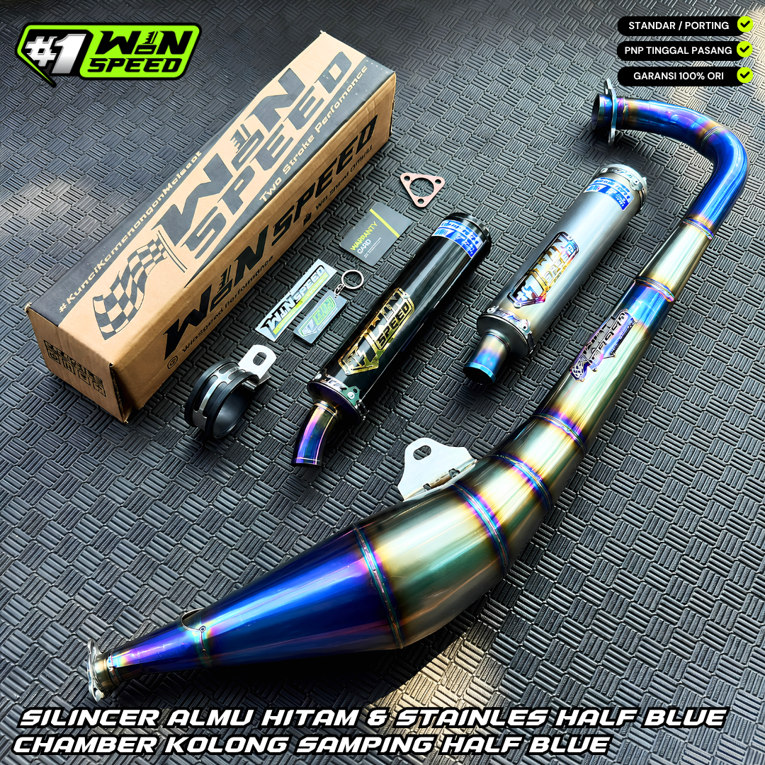 Fullsystem Silencer Almu Black Coating Logo Gold & Stainles Half Blue, Exhaust Chamber Side-exit "half-blue" style , YAMAHA RX KING | RXS | RXT