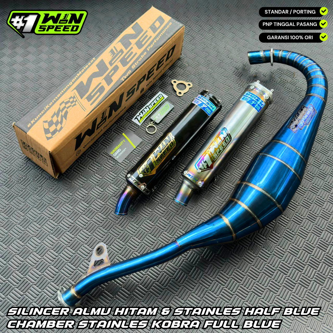 Fullsystem Silencers Almu Black Coating & Stainles Half Blue , Exhaust Chamber Stainless Cobra Underpass , Satria 2tak Hiu/Lumba/RGV/RGX