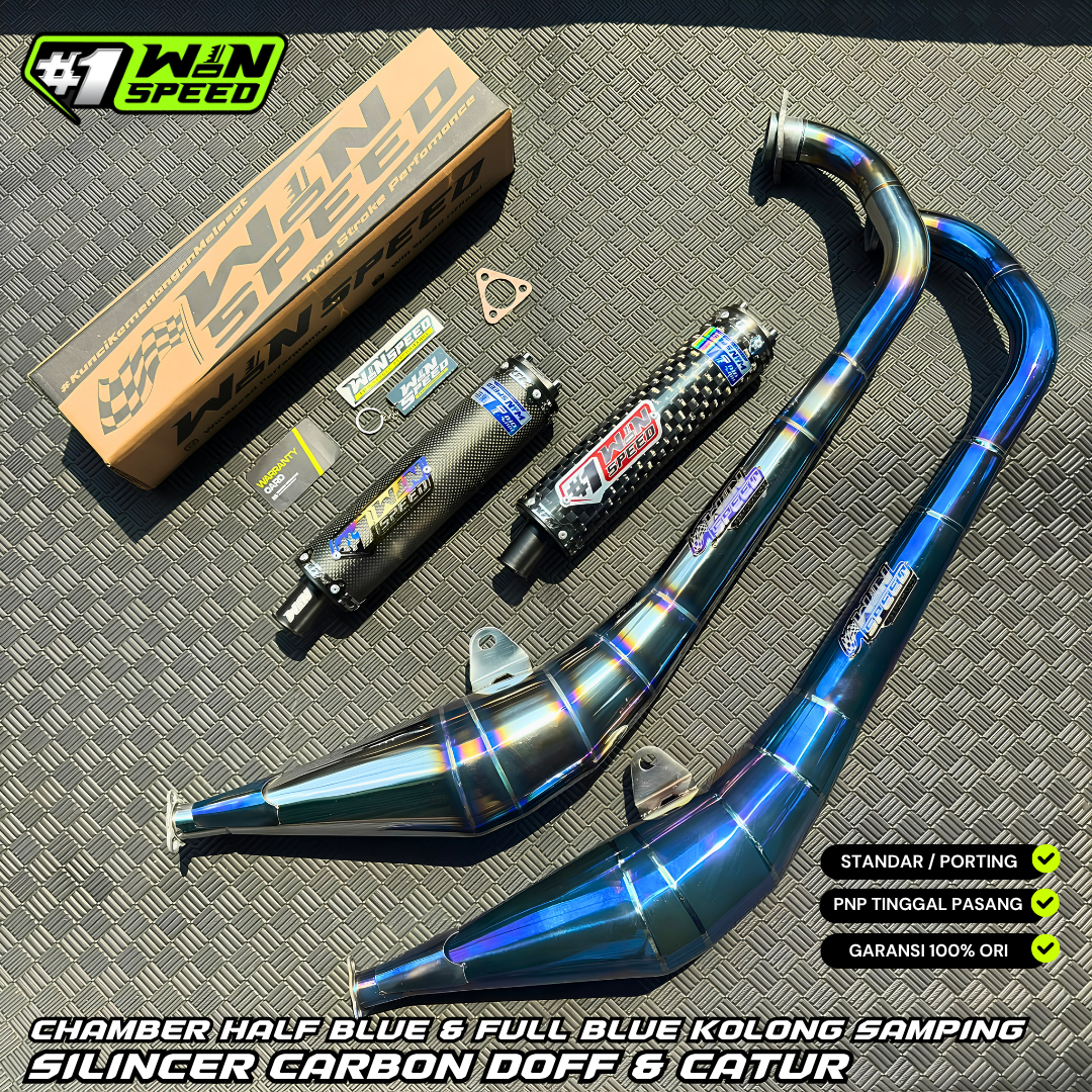 Fullsystem Silencer Carbon Plain Doff & Catur Glossy , Exhaust Chamber Stainless Side-exit "half-blue" style , YAMAHA RX KING | RXS | RX SERIES