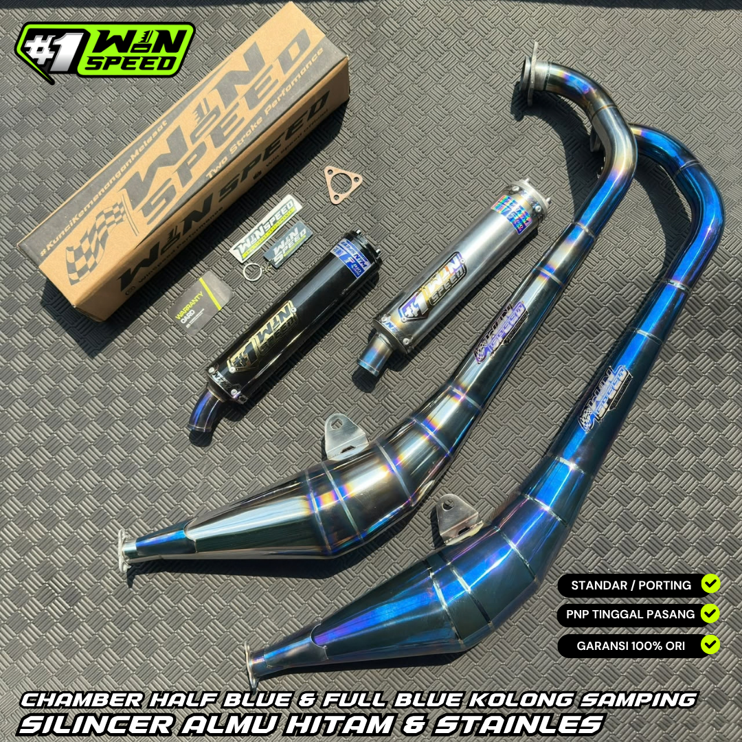 Fullsystem Silencer Almu Black Coating Logo Gold & Stainles Half Blue & Full Blue, Exhaust Chamber Side-exit "half-blue" style , YAMAHA RX KING | RXS | RXT