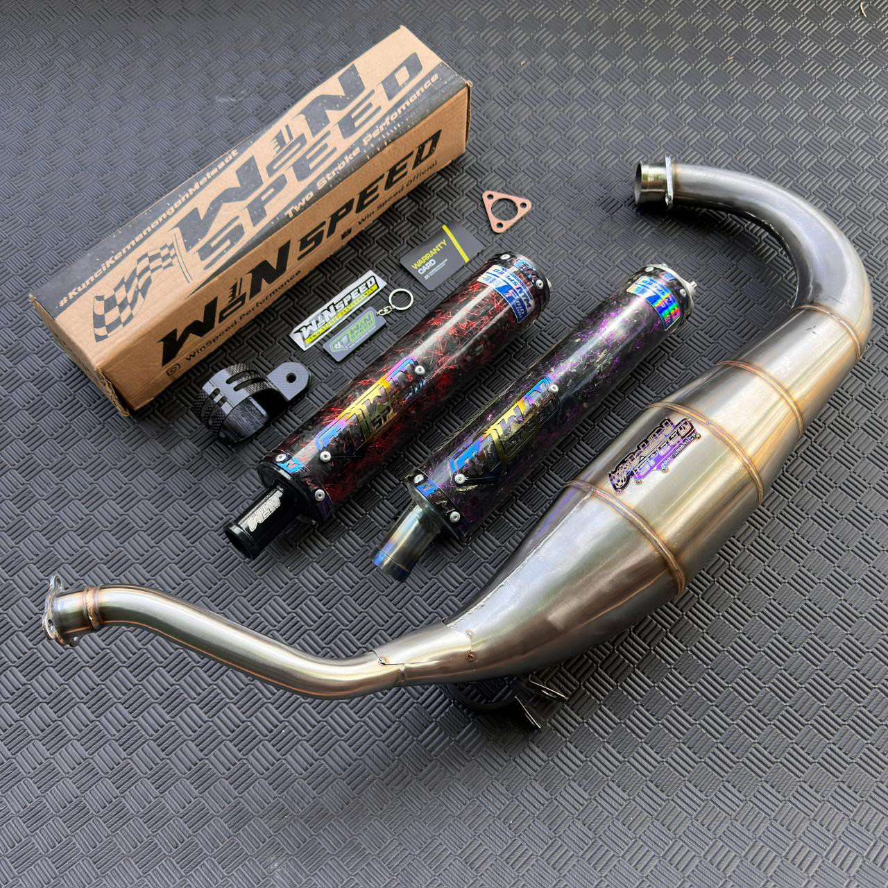 Fullsystem Silencers Carbon Forged Purple & Red , Exhaust Chamber Cobra Medium, Stainless Press , KR150, KRR150, KRR150ZX, Serpico