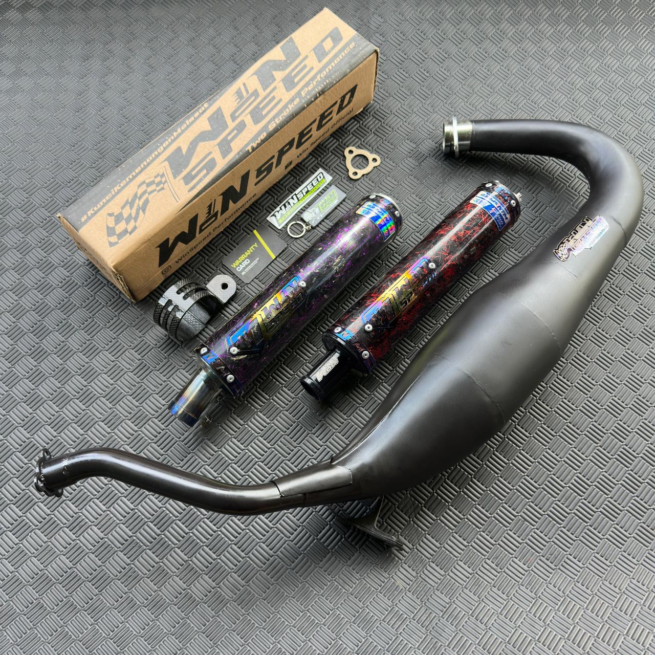 Fullsystem Silencers Carbon Forged Purple & Red , Exhaust Chamber Cobra Medium, Clearcoated Mild Steel Black Coating, KR150, KRR150, KRR150ZX, Serpico