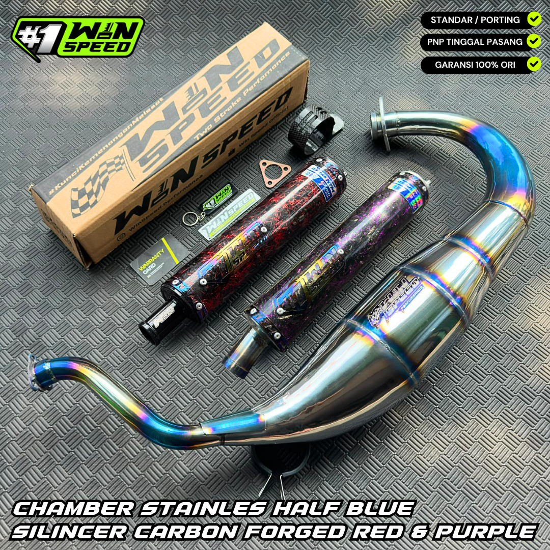 Fullsystem Silencers Carbon Forged Red & Purple, Exhaust Chamber Standar/Cobra/Super Cobra, Stainless Press Half Blue , KR150, KRR150, KRR150ZX, Serpico