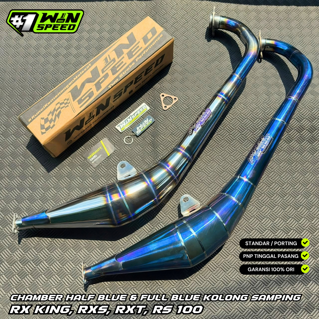 Set, Exhaust Chamber Stainless Half Blue & Full Blue side-exhaust design, YAMAHA RX KING, RXS, RXT, RS 100
