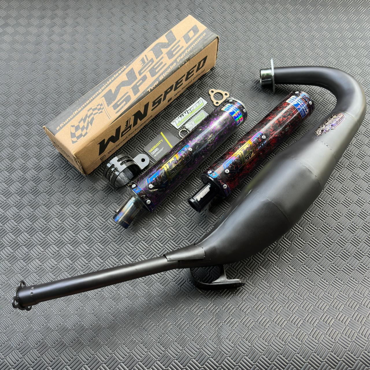 Fullsystem Silencers Carbon Forged Purple & Red , Exhaust Chamber Step Standar, Clearcoated Mild Steel Black Coating, KR150, KRR150, KRR150ZX, Serpico