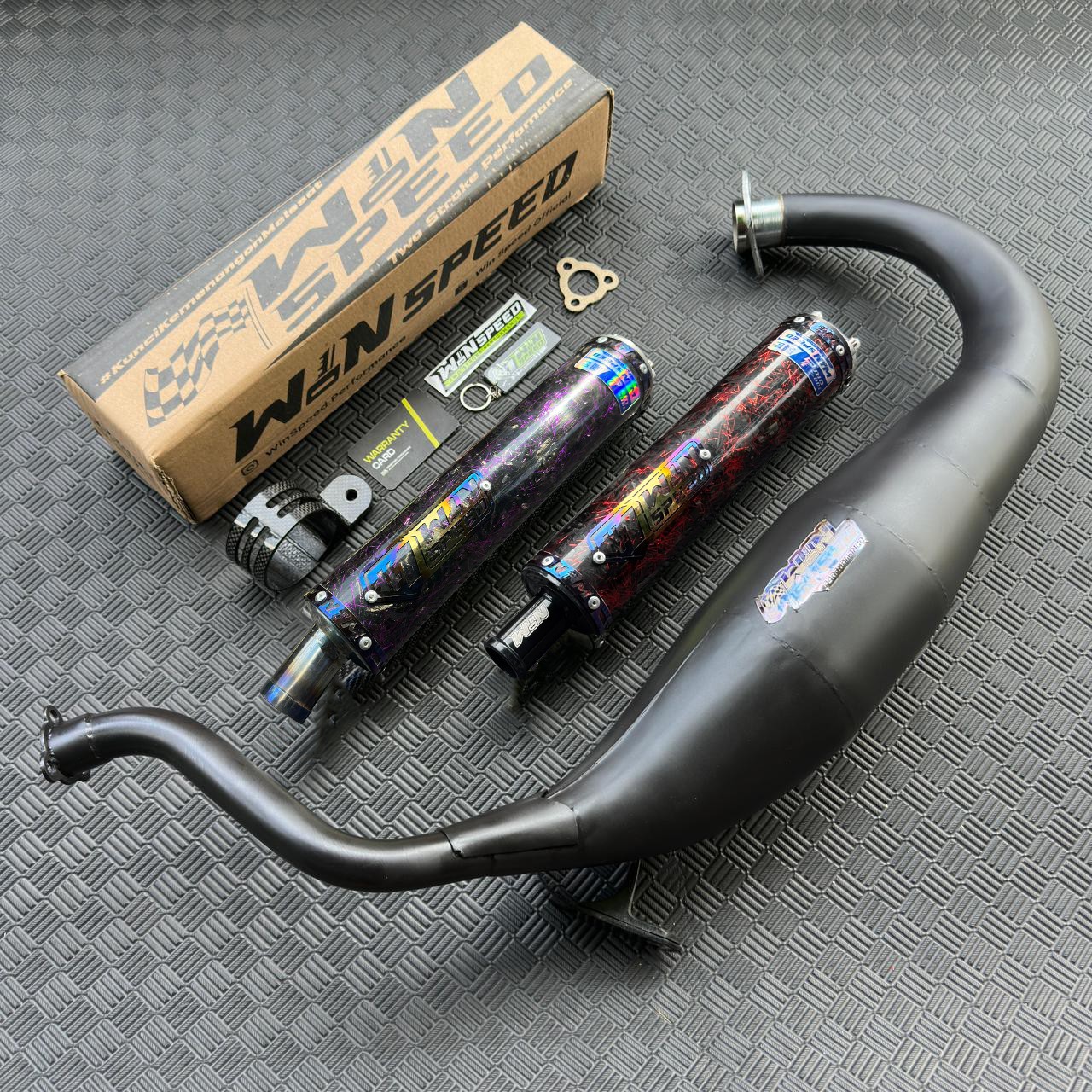 Fullsystem Silencers Carbon Forged Red & Purple , Exhaust Chamber Super Cobra, Clearcoated Mild Steel Black Coating, KR150, KRR150, KRR150ZX, Serpico