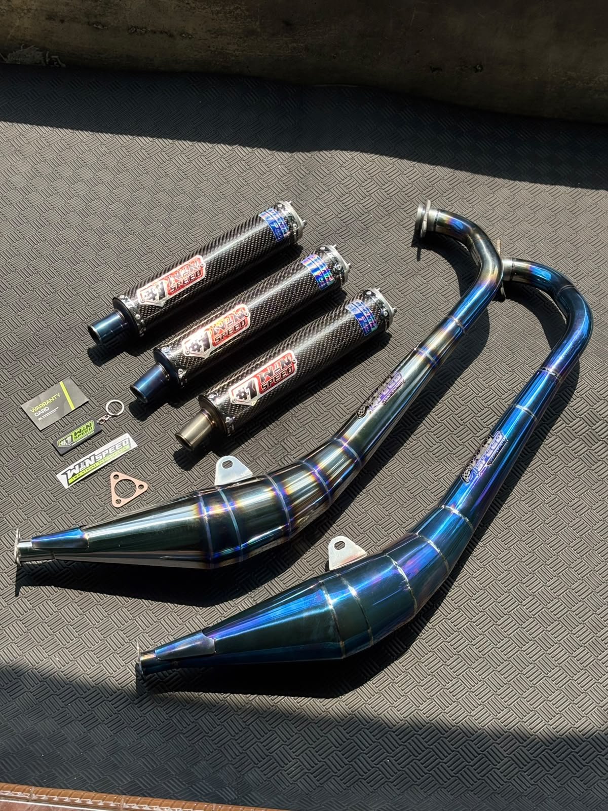 Fullsystem Silencer Carbon Twill Titanium Tip , Exhaust Chamber Stainless Side-exit "half-blue" style , YAMAHA RX KING | RXS | RXT | RS 100